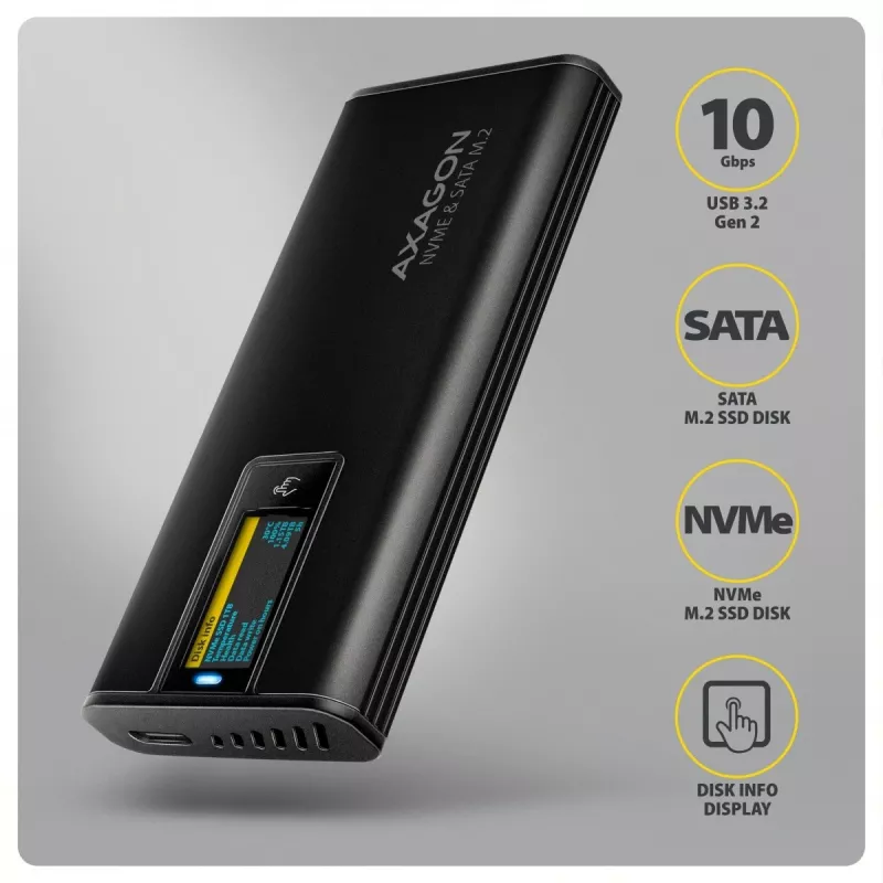 AXAGON EEM2-SD2B Carcasa externa 10Gbps M.2 NVMe/SATA SSD con indicador LED, USB-C, Negro
