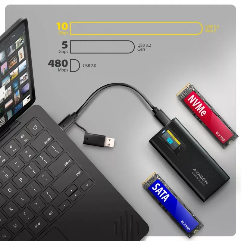 AXAGON EEM2-SD2B Carcasa externa 10Gbps M.2 NVMe/SATA SSD con indicador LED, USB-C, Negro