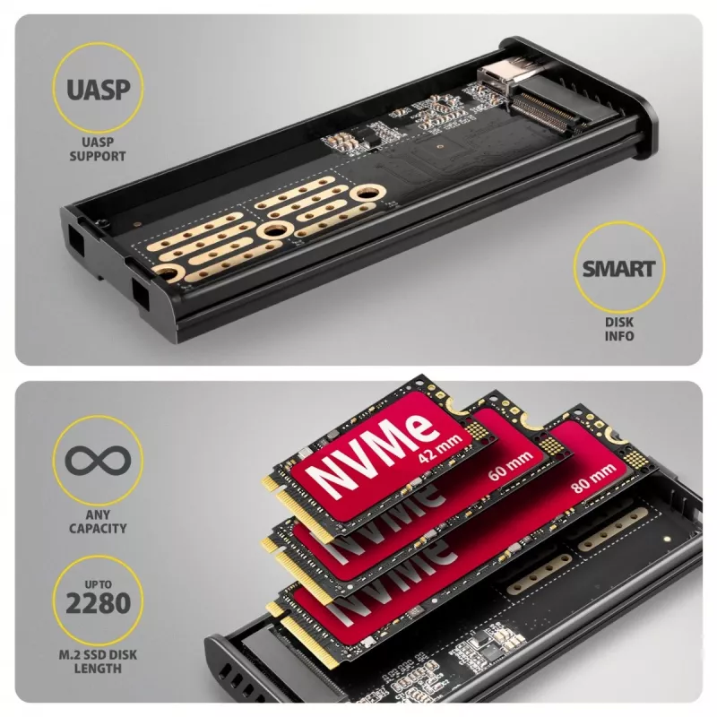 AXAGON EEM2-SD2B Carcasa externa 10Gbps M.2 NVMe/SATA SSD con indicador LED, USB-C, Negro