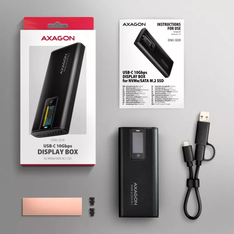 AXAGON EEM2-SD2B Carcasa externa 10Gbps M.2 NVMe/SATA SSD con indicador LED, USB-C, Negro