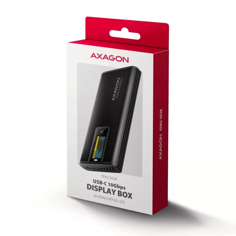 AXAGON EEM2-SD2B Carcasa externa 10Gbps M.2 NVMe/SATA SSD con indicador LED, USB-C, Negro
