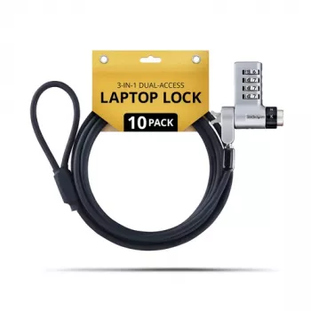 StarTech.com UDUOKA10-LAPTOP-LOCK pack de 10 candado para portátil 3 en 1 - cierre con llave igualada/candado de seguridad con combinación - antirrobo - negro y plata - 2 m - conforme a TAA