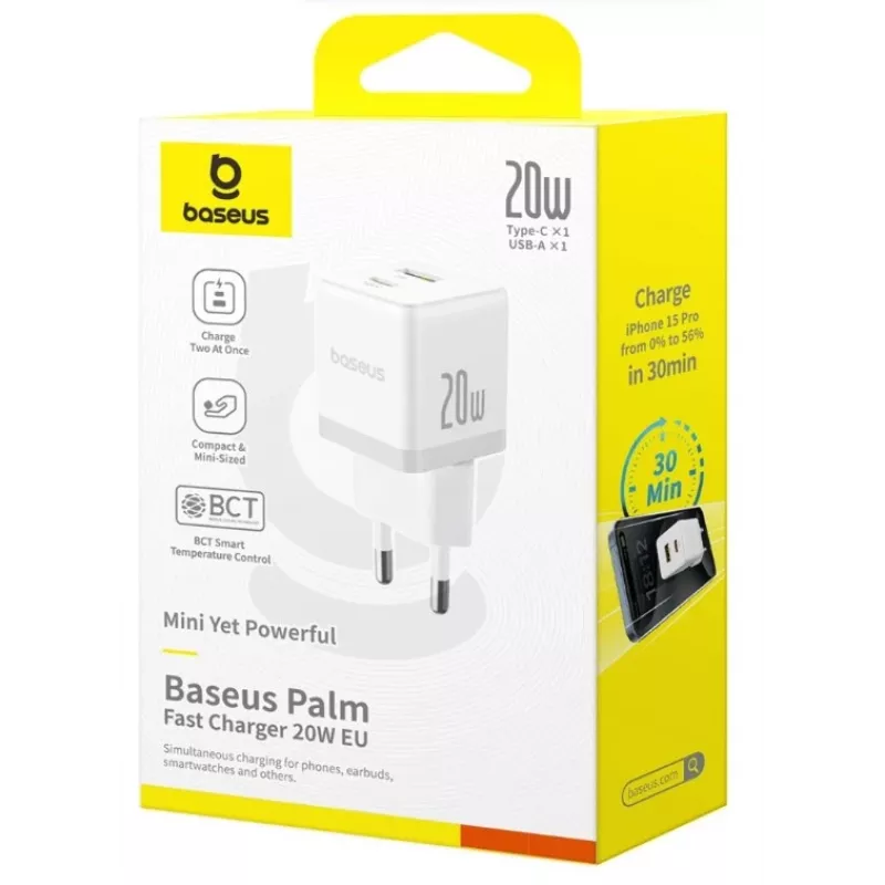 Baseus Palm 20W cargador de pared USB-C + USB-A, blanco