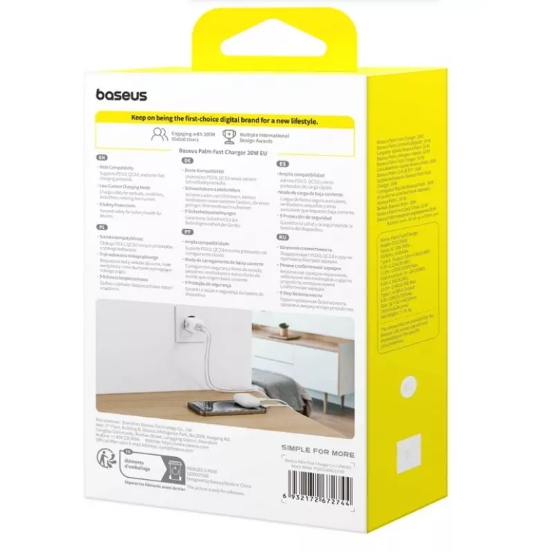 Baseus Palm 20W cargador de pared USB-C + USB-A, blanco