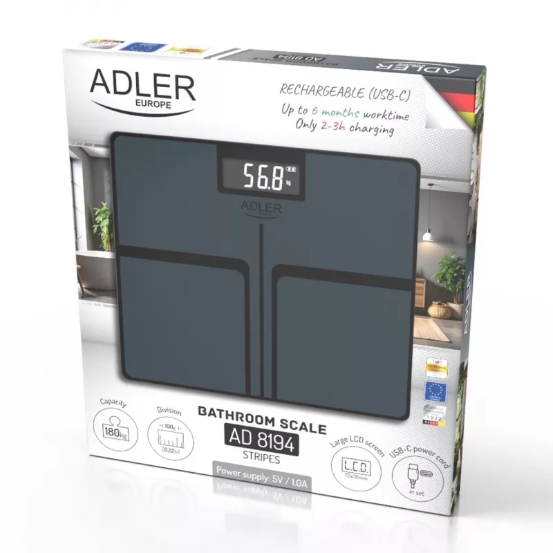 Adler AD 8194s Báscula de baño digital, blanca, estampado de rayas, capacidad 180 kg