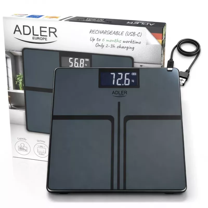 Adler AD 8194s Báscula de baño digital, blanca, estampado de rayas, capacidad 180 kg