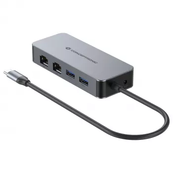 CONCEPTRONIC adaptador de USB-C a 2x Gigabit Ethernet + 2x USB-A 3.2 Gen 1, 0,3m, gris