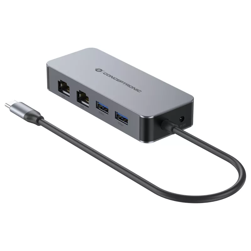 CONCEPTRONIC adaptador de USB-C a 2x Gigabit Ethernet + 2x USB-A 3.2 Gen 1, 0,3m, gris