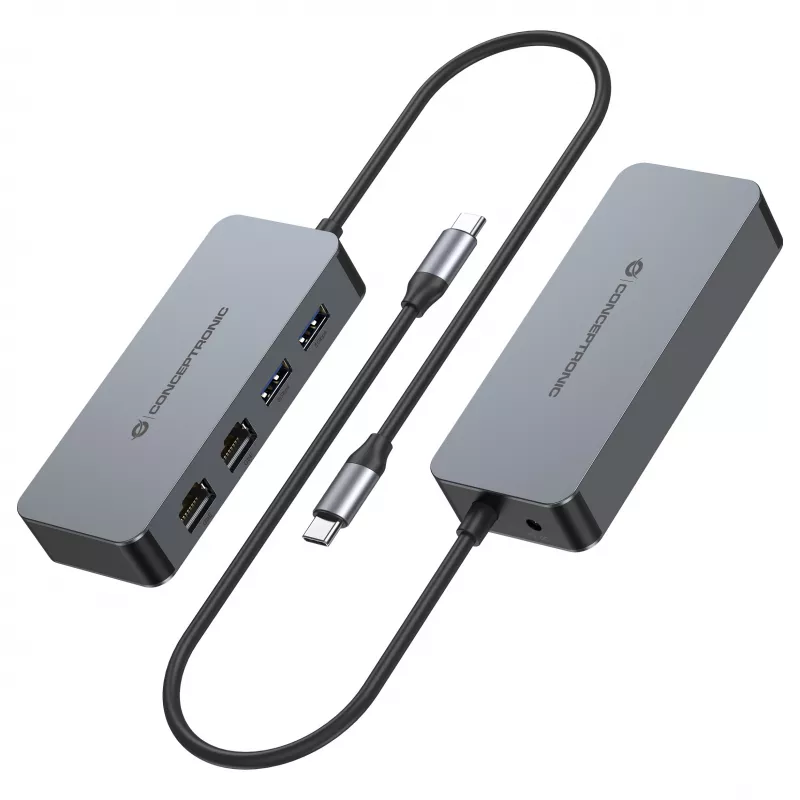 CONCEPTRONIC adaptador de USB-C a 2x Gigabit Ethernet + 2x USB-A 3.2 Gen 1, 0,3m, gris