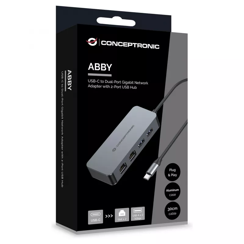 CONCEPTRONIC adaptador de USB-C a 2x Gigabit Ethernet + 2x USB-A 3.2 Gen 1, 0,3m, gris