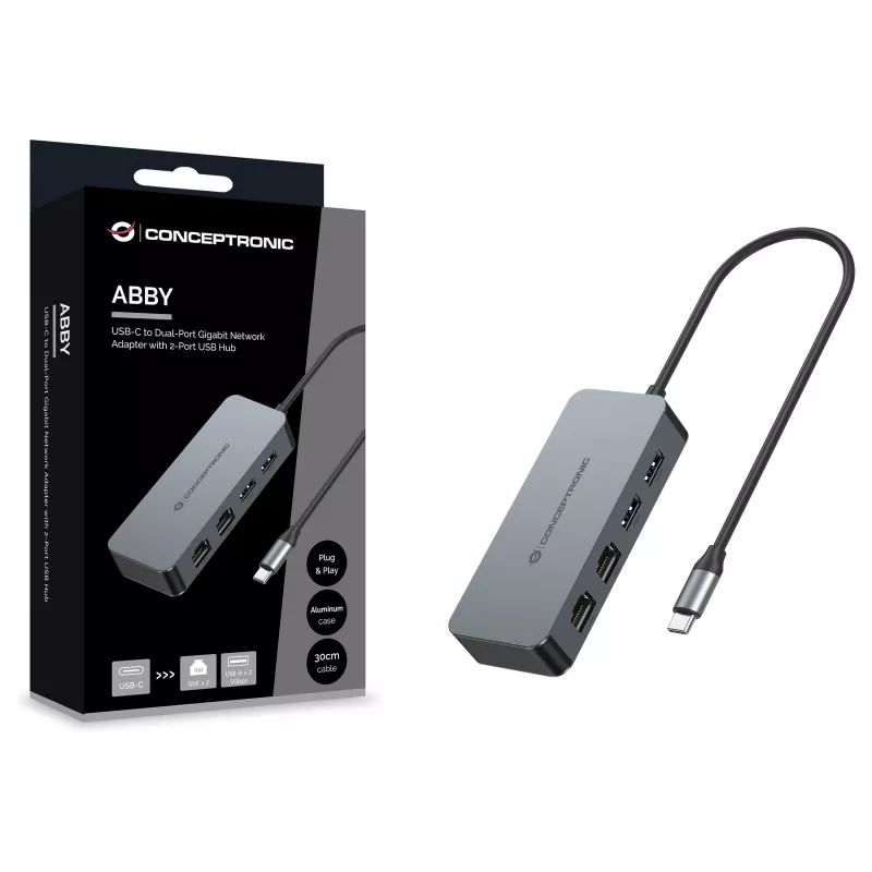 CONCEPTRONIC adaptador de USB-C a 2x Gigabit Ethernet + 2x USB-A 3.2 Gen 1, 0,3m, gris