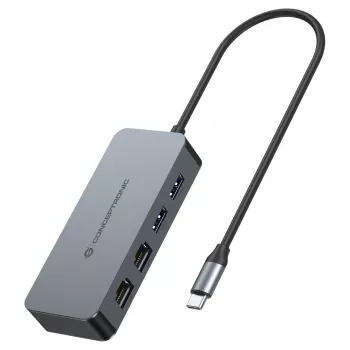CONCEPTRONIC adaptador de USB-C a 2x Gigabit Ethernet + 2x USB-A 3.2 Gen 1, 0,3m, gris