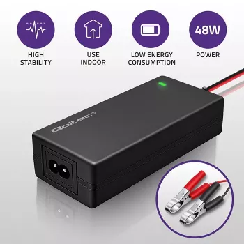 Qoltec 52665 Cargador de batería automático para baterías AGM GEL STD, 24V 2A 48W, indicador LED, cable 1,8m