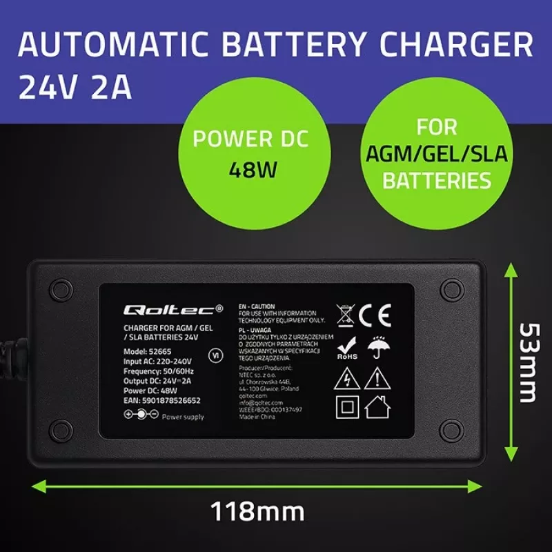 Qoltec 52665 Cargador de batería automático para baterías AGM GEL STD, 24V 2A 48W, indicador LED, cable 1,8m