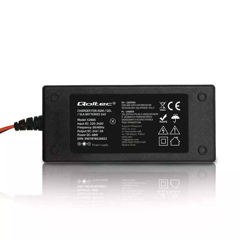Qoltec 52665 Cargador de batería automático para baterías AGM GEL STD, 24V 2A 48W, indicador LED, cable 1,8m