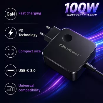Qoltec Cargador USB-C PD GaN 100W 5-20V 3-5A Negro