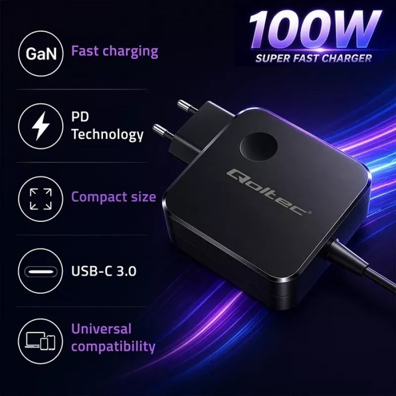 Qoltec Cargador USB-C PD GaN 100W 5-20V 3-5A Negro