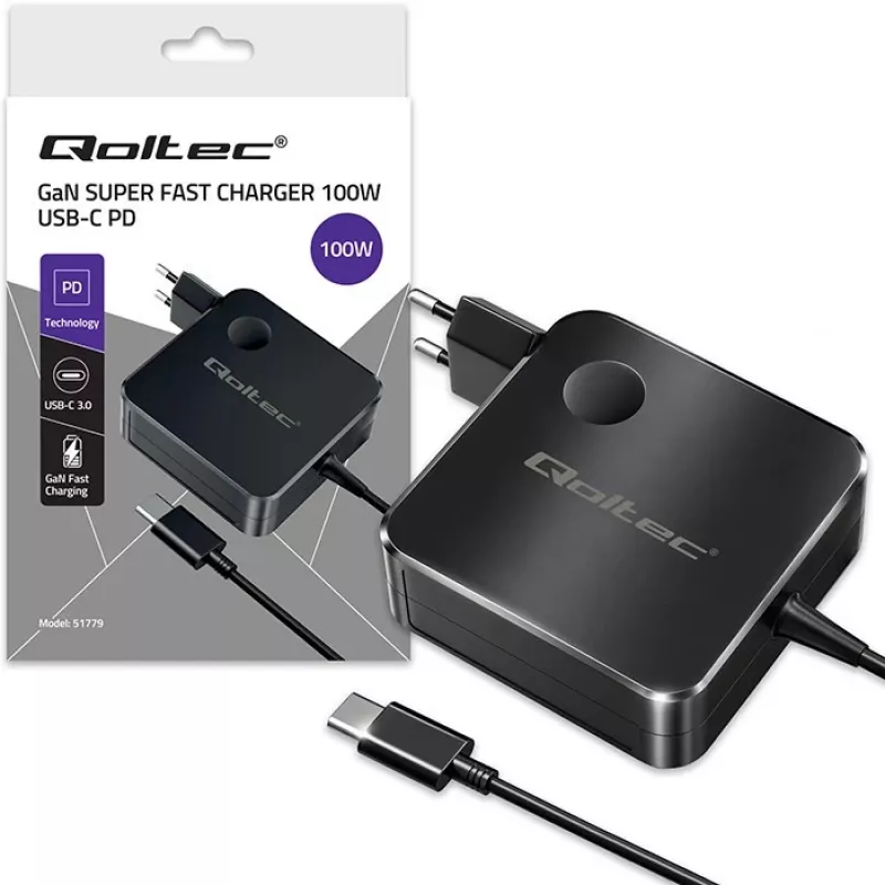 Qoltec Cargador USB-C PD GaN 100W 5-20V 3-5A Negro