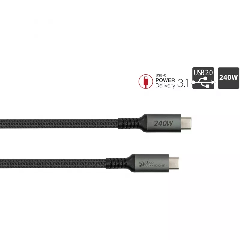 GoodConnections Cable de conexión USB-C 2.0 (ST-ST) 3m Funda textil 240W Antracita