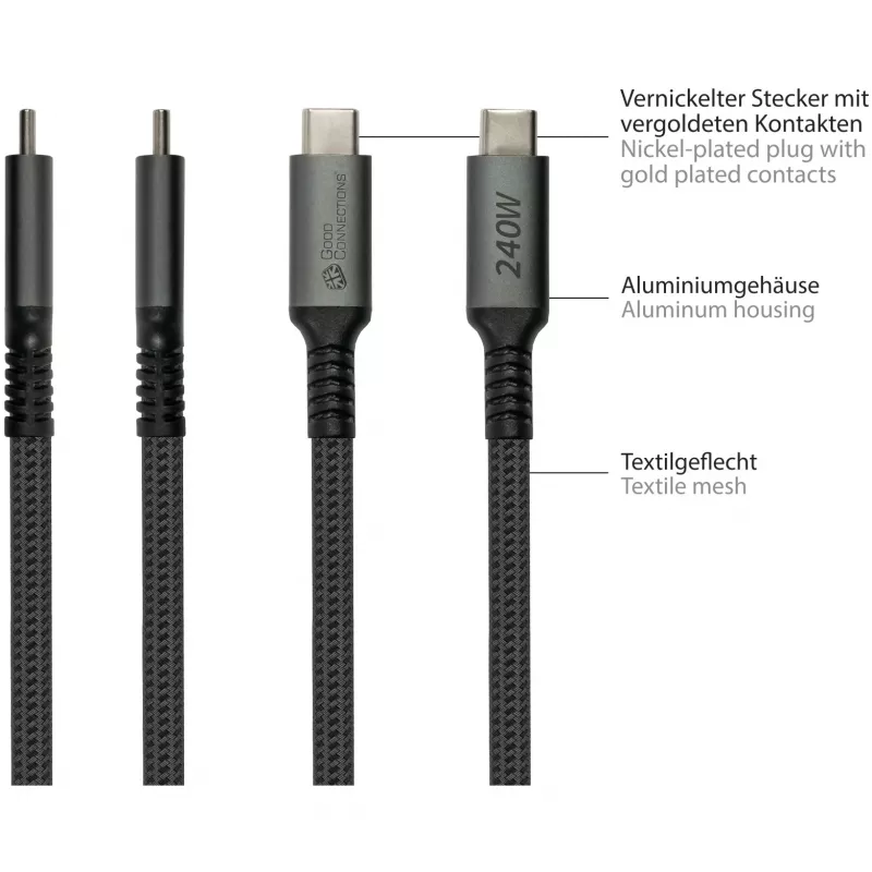 GoodConnections Cable de conexión USB-C 2.0 (ST-ST) 3m Funda textil 240W Antracita