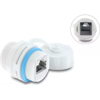 Delock Acoplador RJ45 Cat.6A hembra a hembra con rosca M23.5 x 1,5 mm y tapa protectora IP68 a prueba de polvo y agua Blanco (87156)