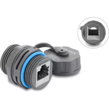 Delock Conector hembra/hembra RJ45 Cat.6A con rosca M23,5 x 1,5 mm y tapa protectora IP68 estanca al polvo y al agua gris (87157)