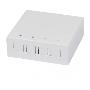Synergy21 caja de pared FTTH para 4 acopladores SC simplex o LC dúplex, 80x80mm con guía de cables, montaje en carril DIN/pared, termorretráctil, blanco