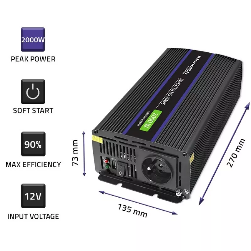 Qoltec Monolith 2000 MS Wave inversor de tensión 12V a 230V 1000/2000W USB