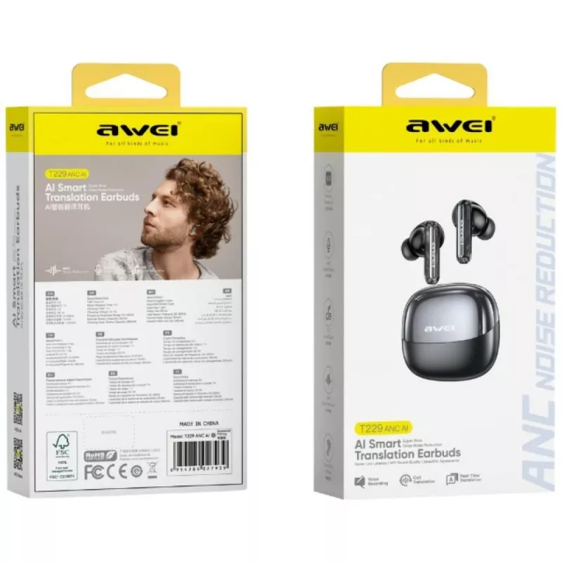 AWEI T229 ANC AI auriculares inalámbricos con base de carga, gris metálico