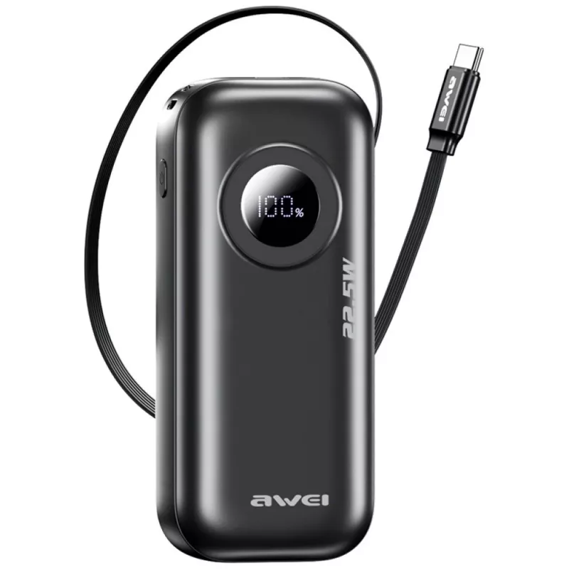 AWEI PowerBank PA-9 10000mAh 22,5W con cable retráctil negro