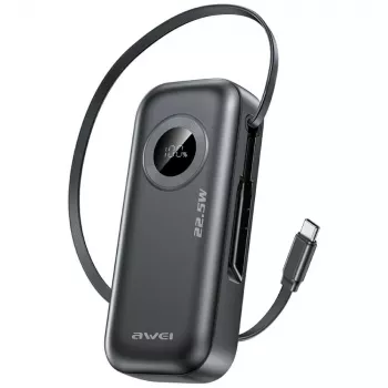 AWEI PowerBank PA-9 10000mAh 22,5W con cable retráctil negro