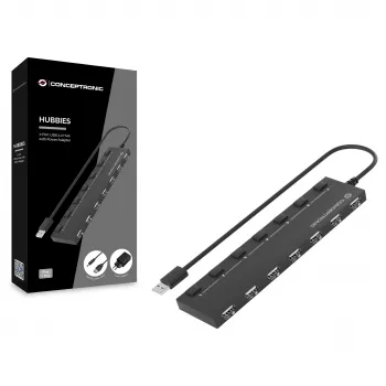 Conceptronic hub USB 2.0 de 7 puertos con fuente de alimentación - negro (HUBBIES08BP)