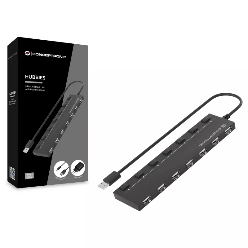 Conceptronic hub USB 2.0 de 7 puertos con fuente de alimentación - negro (HUBBIES08BP)