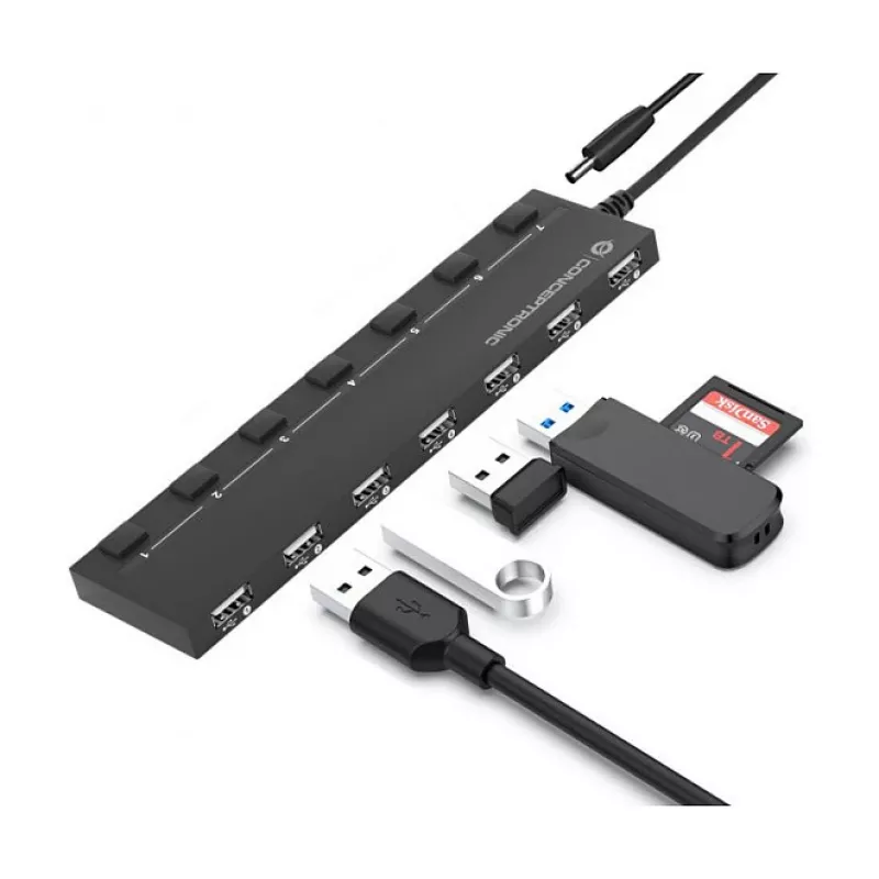 Conceptronic hub USB 2.0 de 7 puertos con fuente de alimentación - negro (HUBBIES08BP)