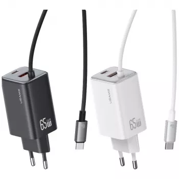 USAMS JC Series CC266 cargador rápido GaN de 65W 2xUSB-C 1xUSB-A con cable USB-C integrado 1,5m blanco