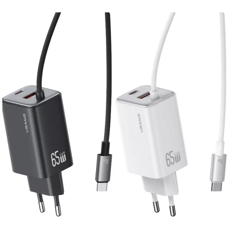 USAMS JC Series CC266 cargador rápido GaN de 65W 2xUSB-C 1xUSB-A con cable USB-C integrado 1,5m blanco