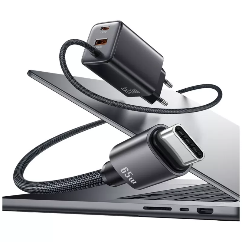 USAMS JC Series CC266 cargador rápido GaN de 65W 2xUSB-C 1xUSB-A con cable USB-C integrado 1,5m blanco