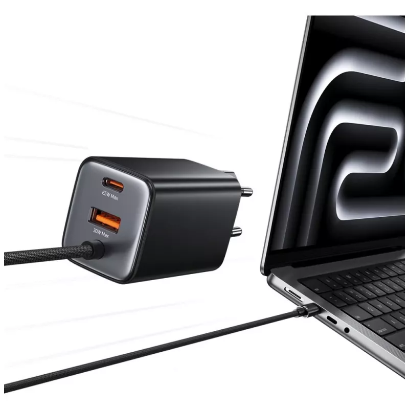 USAMS JC Series CC266 cargador rápido GaN de 65W 2xUSB-C 1xUSB-A con cable USB-C integrado 1,5m blanco