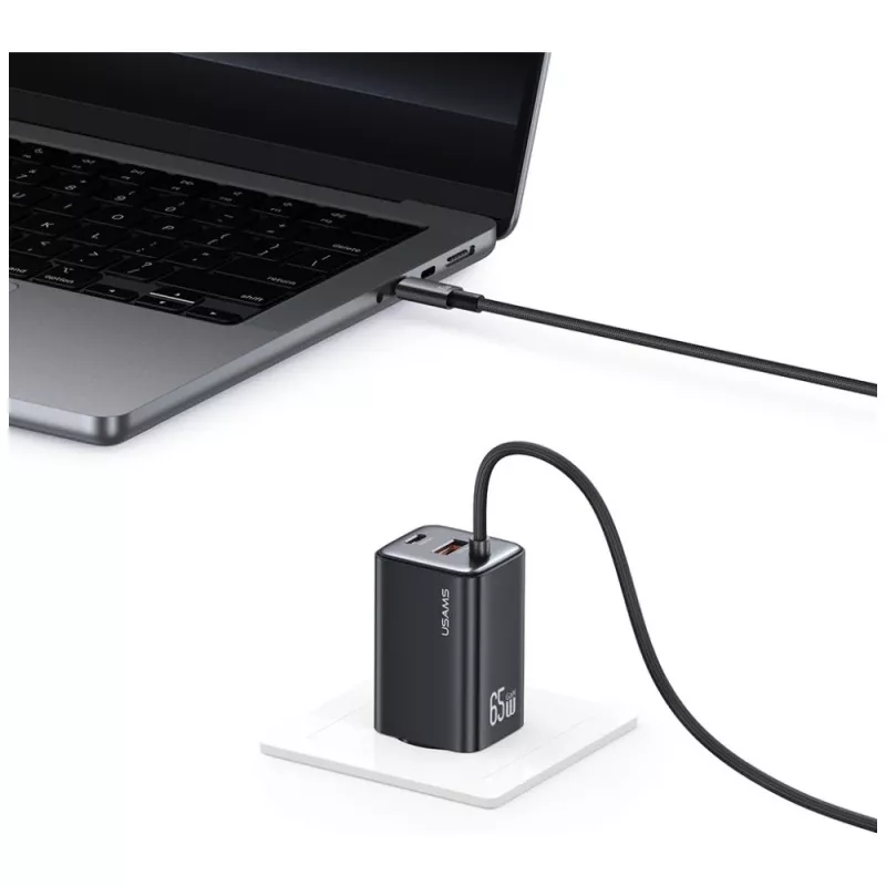 USAMS JC Series CC266 cargador rápido GaN de 65W 2xUSB-C 1xUSB-A con cable USB-C integrado 1,5m blanco
