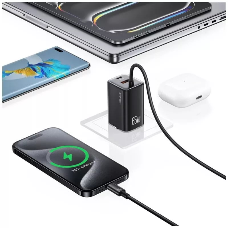 USAMS JC Series CC266 cargador rápido GaN de 65W 2xUSB-C 1xUSB-A con cable USB-C integrado 1,5m blanco