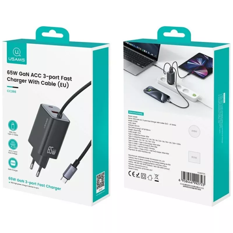 USAMS JC Series CC266 cargador rápido GaN de 65W 2xUSB-C 1xUSB-A con cable USB-C integrado 1,5m blanco