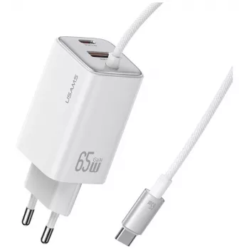 USAMS JC Series CC266 cargador rápido GaN de 65W 2xUSB-C 1xUSB-A con cable USB-C integrado 1,5m blanco