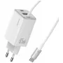 USAMS JC Series CC266 cargador rápido GaN de 65W 2xUSB-C 1xUSB-A con cable USB-C integrado 1,5m blanco