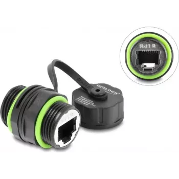 Delock conector de cable RJ12 hembra a RJ12 hembra con rosca M20 x 1,5 mm y tapa protectora IP68 antipolvo e impermeable
