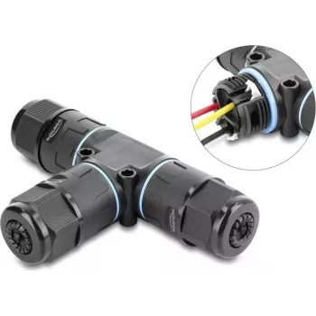 Delock Conector de cable en forma de T, regleta de 3 polos, IP68 impermeable, para diámetro de cable 5-9 mm, incl. juntas para 9-12 mm, sin herramientas, negro (87244)