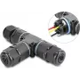 Delock Conector de cable en forma de T, regleta de 3 polos, IP68 impermeable, para diámetro de cable 5-9 mm, incl. juntas para 9-12 mm, sin herramientas, negro (87244)