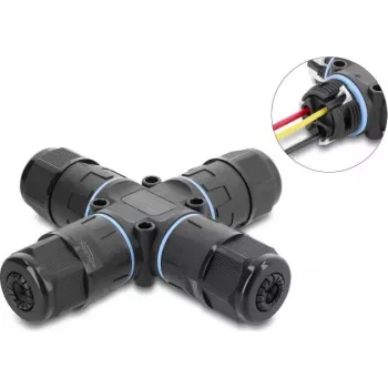 Delock Conector de cable en forma de X con borne de tornillo de 3 polos, IP68 impermeable para diámetro de cable 5 - 9 mm, incl. juntas para 9 - 12 mm, sin herramientas negro (87247)