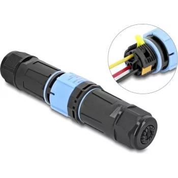 Delock Conector de cable con cierre de bayoneta de 3 polos conector macho a conector hembra, IP68 impermeable para diámetro de cable 5 - 9 mm, incl. juntas para 9 - 12 mm, sin herramientas, negro (87249)