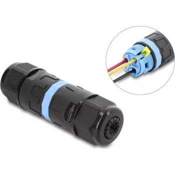 Delock Conector de cable en línea de 3 pines, IP68 impermeable, conexión por abrazadera, sin herramientas, para diámetro de cable 5-9 mm, incl. juntas para 9-12 mm, negro (87243)