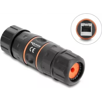 Delock Acoplador RJ45 conector hembra a conector hembra Cat.6A con rosca M23,5 x 1,5 mm, formato corto, IP68 resistente al polvo y al agua